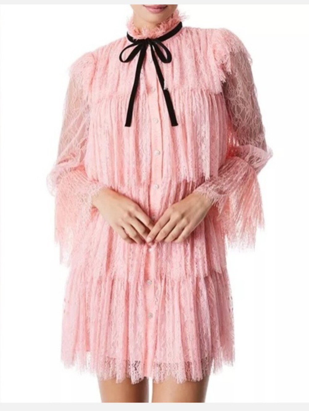 ALICE + OLIVIA Pink Lace Joanie Tiered Ruffle Button-Down Dress